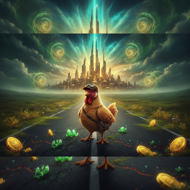 Chicken Road 2 di InOut: una gallina con cuffia da aviatore e borsa a tracolla ferma al centro di una strada crepata, monete d'oro e cristalli verdi sull'asfalto, sullo sfondo una città dorata sotto nuvole scure